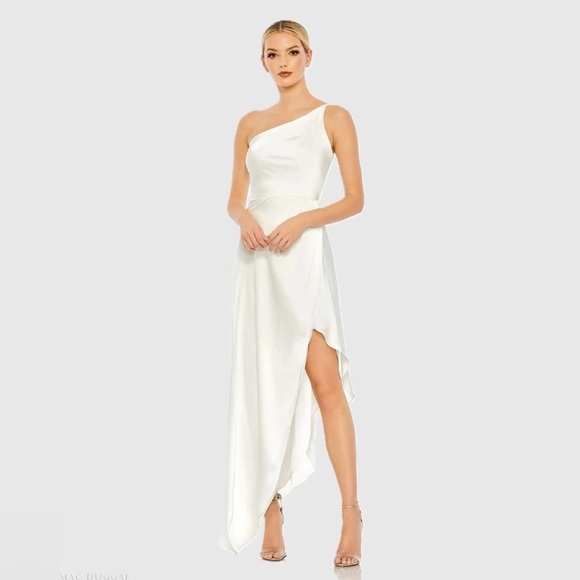 IEENA for Mac Duggal One Shoulder Hi-Low Draped Charmeuse White Dress Size 10 - Picture 1 of 16